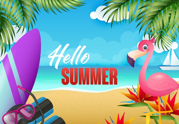 Free vector hello summer flyer design. flamingo, surfboard