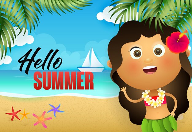 Hello summer flyer design. Hawaiian girl