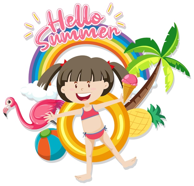 Шрифт Hello Summer с девушкой и изолированными пляжными предметами