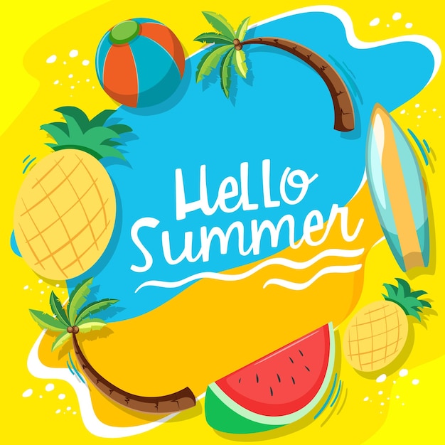 Шрифт Hello Summer с изолированными элементами летнего пляжа