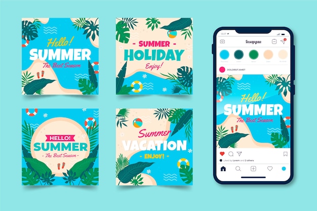 Free vector hello summer instagram post collection