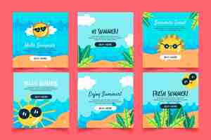 Free vector hello summer instagram post collection