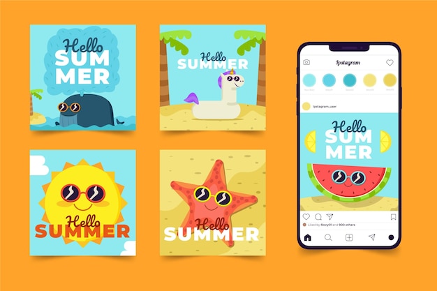 Vettore gratuito ciao collezione di post instagram estate