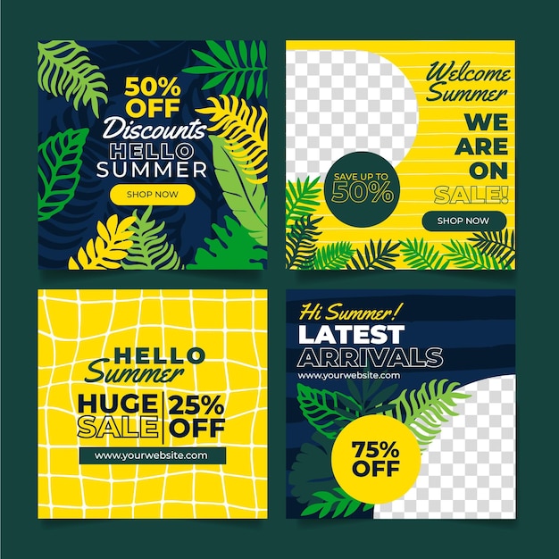 Free vector hello summer instagram post set