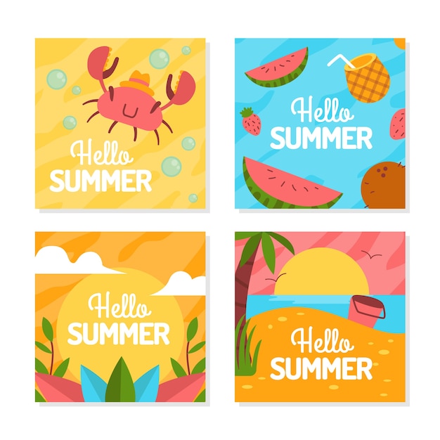 Free vector hello summer instagram posts set