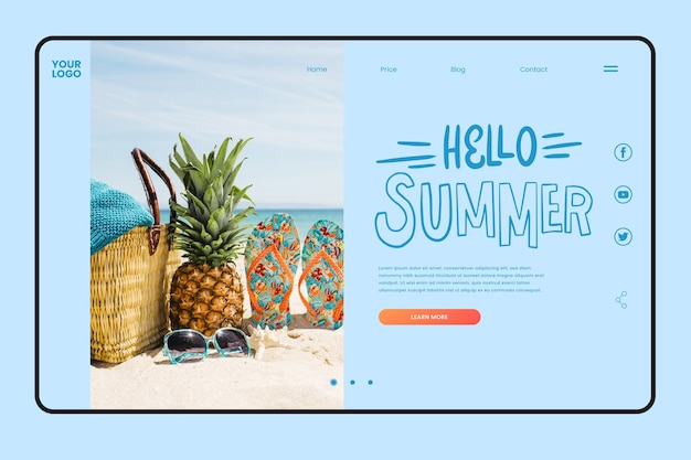 Бесплатное векторное изображение Привет лето шаблон целевой страницы с фото