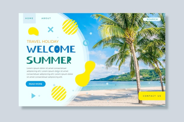 Free vector hello summer landing page with beach and palm trees