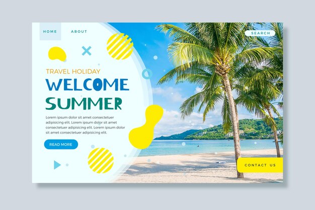 Hello summer landing page with beach and palm trees