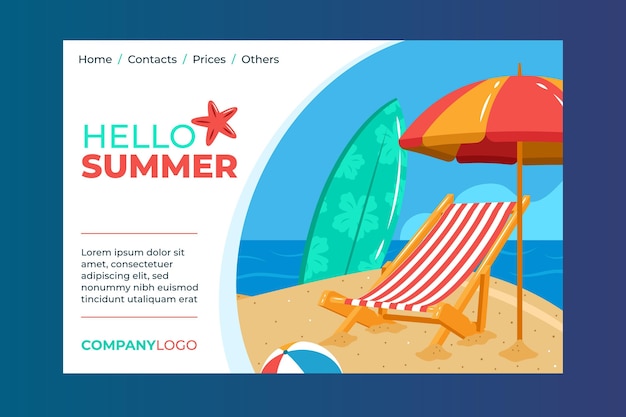 Hello summer landing page with beach and surfboard