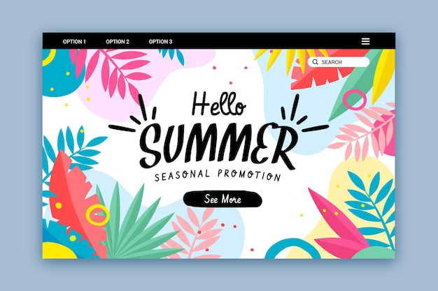 Hello summer landing page with colorful leaves