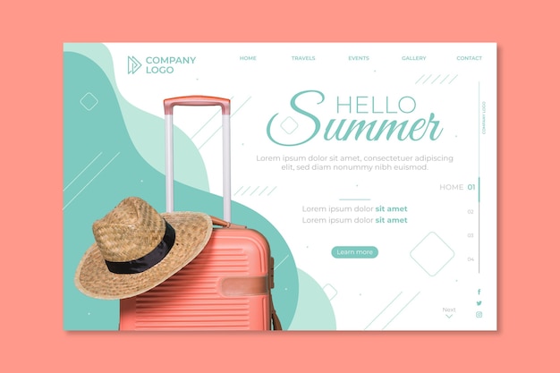 Hello summer landing page with luggage and hat