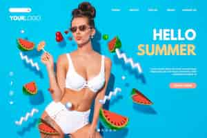 Free vector hello summer landing page with photo