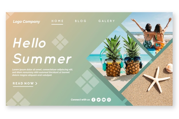 Free vector hello summer landing page with photo