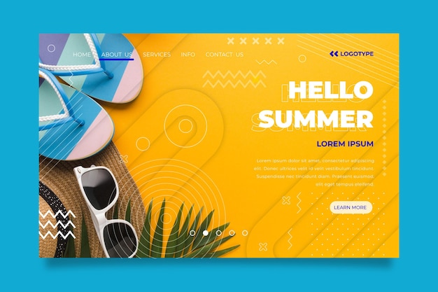 Hello summer landing page with sunglasses and hat