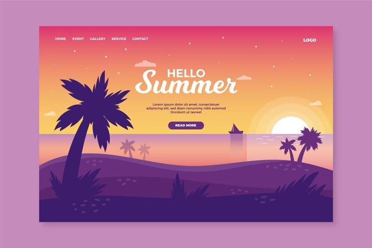 無料Vector こんにちは夏のビーチに沈む夕日のランディングページ