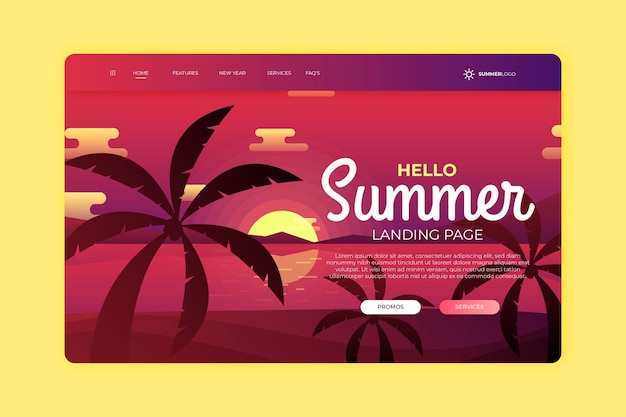 Free vector hello summer landing page with sunset and palm trees