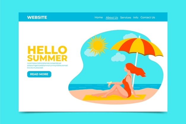 Hello summer landing page with woman on the beach