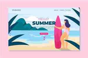Free vector hello summer landing page with woman and surfboard