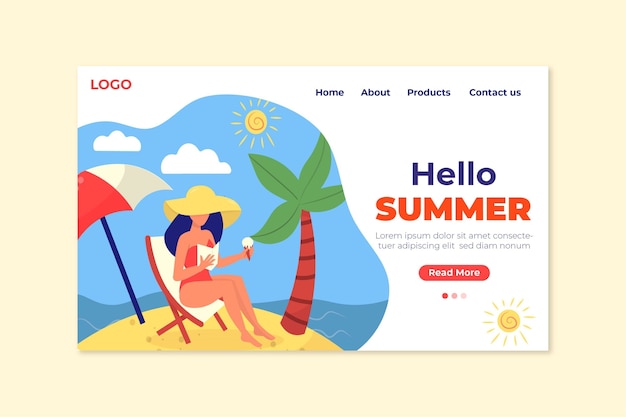 Hello summer landing page woman and beach