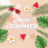 Free vector hello summer leaves and watermelon realistic