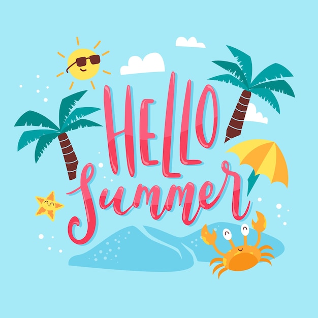Free vector hello summer lettering with palms