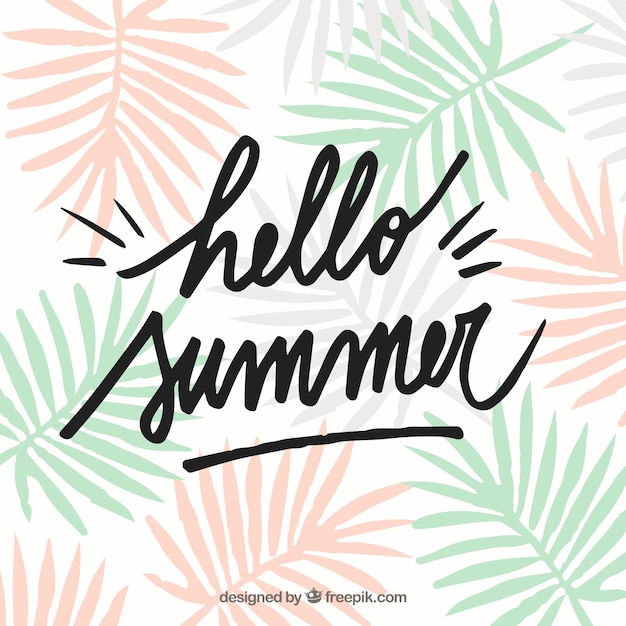 Free vector hello summer lettering with plants in hand drawn style