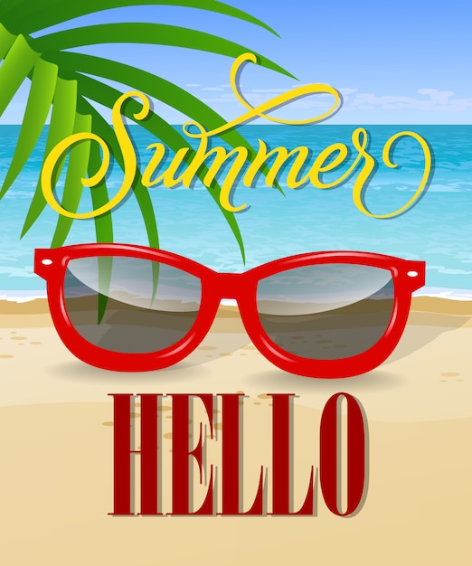 Привет, летняя надпись с морским пляжем и солнцезащитными очками