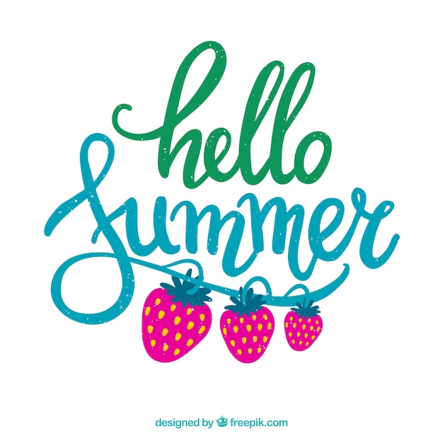 Hello summer lettering with strawberries in hand drawn style