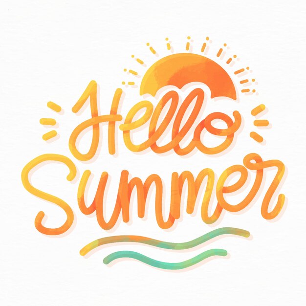 Hello summer lettering with sun and waves