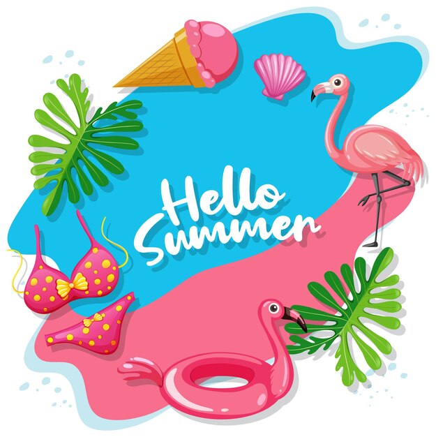 こんにちは夏のロゴバナーとビーチアイテム