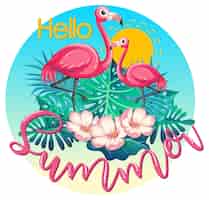 Free vector hello summer logo banner with flamingo and tropical leaves isolated