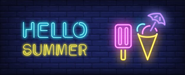 Hello summer neon style lettering. Choc ice and cone icecream on brick background.