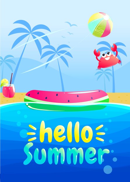 Hello summer party banner design. Swimming pool in the aquapark.