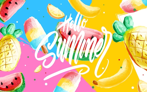 Плакат hello summer, баннер в модном стиле мемфиса 80-90-х годов. векторные акварельные иллюстрации, надписи и красочный дизайн для плаката, открытки, приглашения. легко редактируется для вашего дизайна.