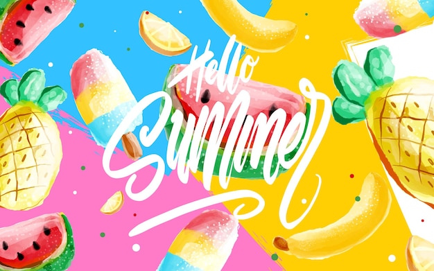 Плакат Hello Summer, баннер в модном стиле Мемфиса 80-90-х годов. Векторные акварельные иллюстрации, надписи и красочный дизайн для плаката, открытки, приглашения. Легко редактируется для вашего дизайна.