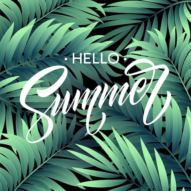 hello summer poster with tropical palm leaf and handwriting lettering.