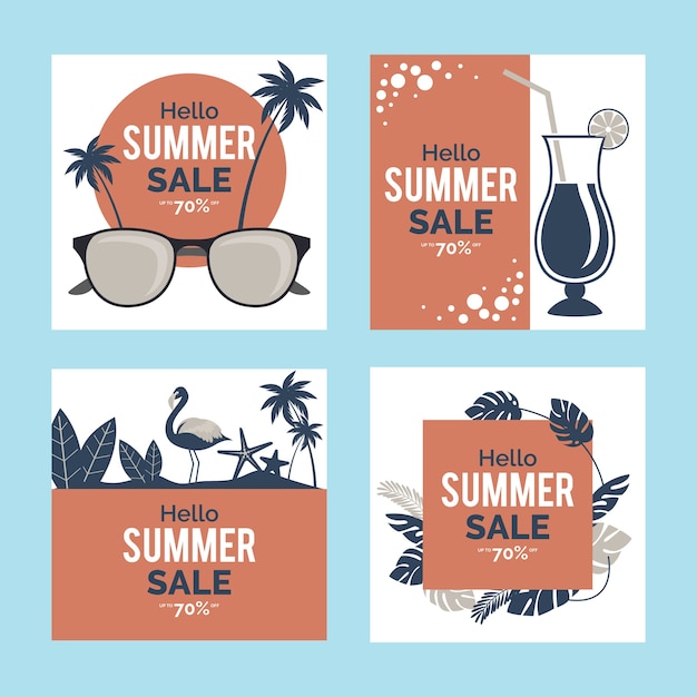 Free vector hello summer sale instagram post collection