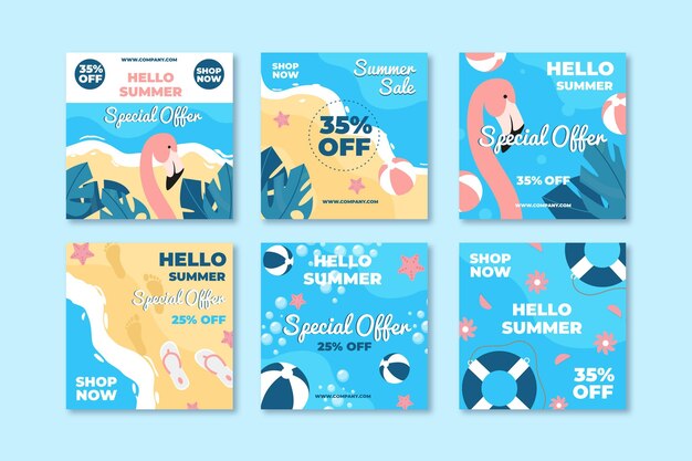 Free vector hello summer sale instagram post collection