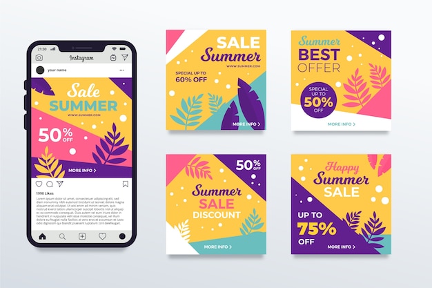 Free vector hello summer sale instagram posts