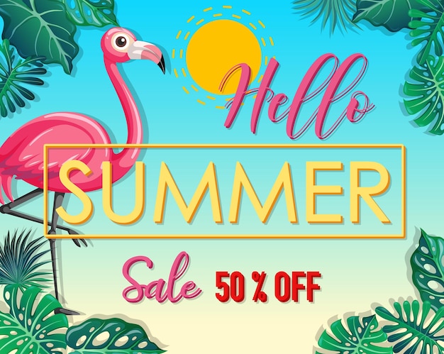 Hello summer sale logo con banner di foglie tropicali