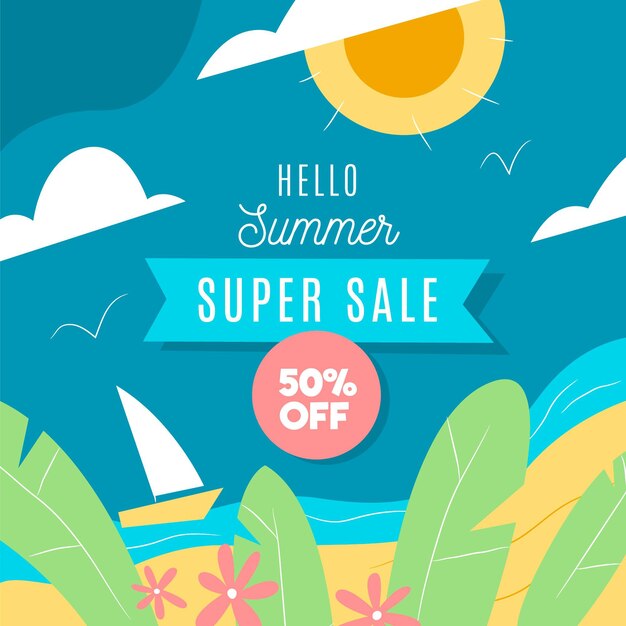 Hello summer sale with beach and boat