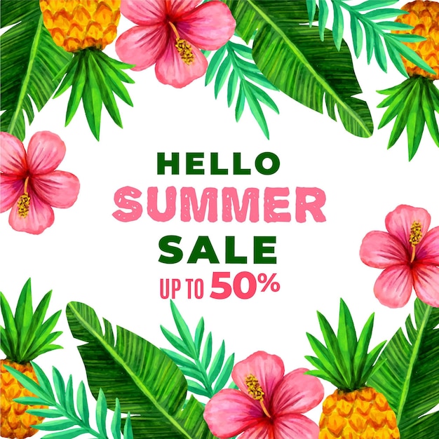 Free vector hello summer sale with flowers and leaves