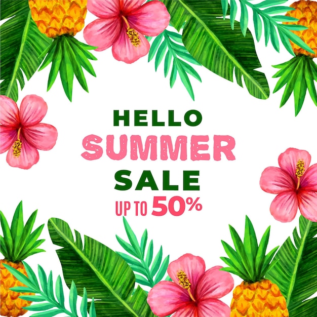 Hello summer sale with flowers and leaves