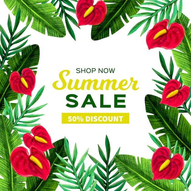 Hello summer sale with leaves and flowers