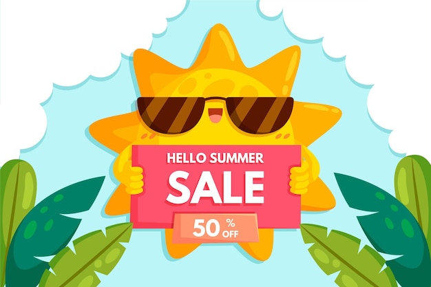 Hello summer sale with sun and leaves