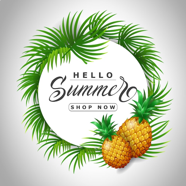 Free vector hello summer shop now lettering in circle with pineapples. offer or sale advertising