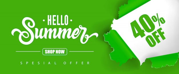 Free vector hello summer shop now special offer forty percent off lettering.