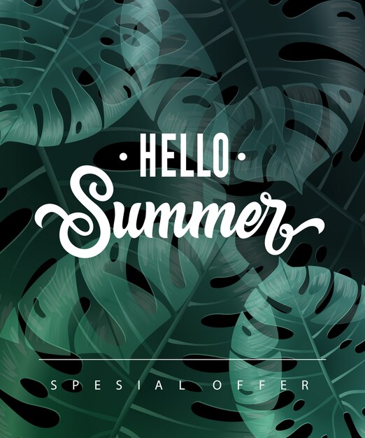 Hello summer special offer lettering with tropical leaves. 