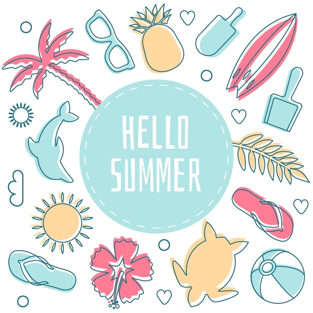 Free vector hello summer surrounded by beach objects