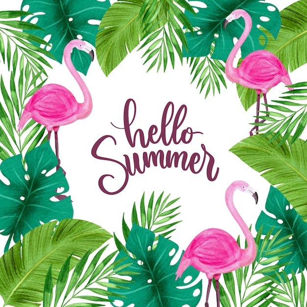 Hello summer surrounded by leaves and flamingo